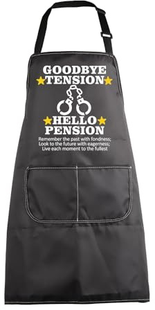 BNQL Schürze für den Ruhestand, Goodbye Tension Hello Pension, Unisex, Wasserfest, 2 Taschen, 72 cm x 68 cm x 45 cm, Ideal für Rentner und Ehemann/Ehefrau, Moderner Stil, Schwarz/Weiß