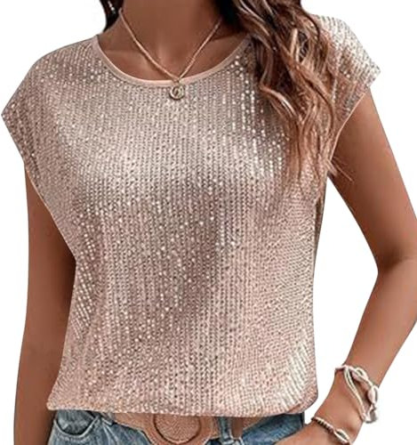 Onsoyours Chemise Top Femme À Paillettes Brillante Manche Courte Volantée Blouse Sequin Elegant A Rose Clair XL