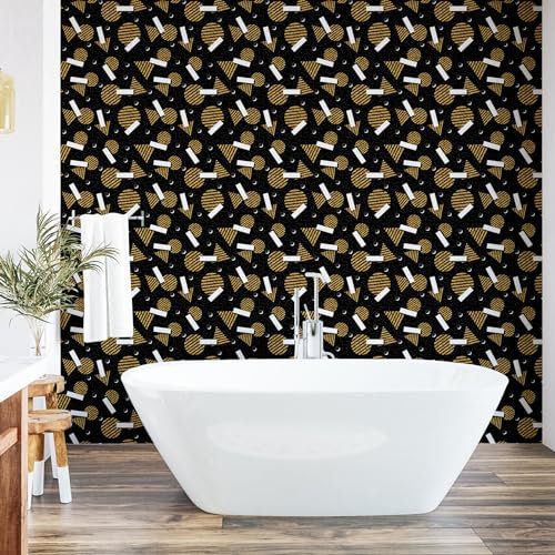 Ambesonne Geometric Peel & Stick Wallpaper for Home, 90s Style Pattern of Continuous Circles Triangles Rectangles Memphis, Self-Adhesive Living Room Kitchen, 33 cm x 180 cm, Charcoal Grey Mustard