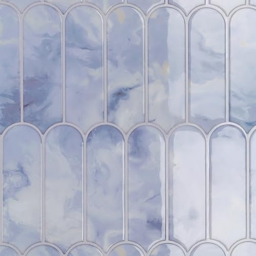 CRE8TIVE Azulejos Adhesivos Cocina Azul Claro Baldosas Adhesivas Pared Efecto Marmol Impermeable Azulejos Adhesivos Baño Forma de Abanico Largo Vinilos Azulejos para Lavadero 4 Piezas 30.5cm x 30.5cm