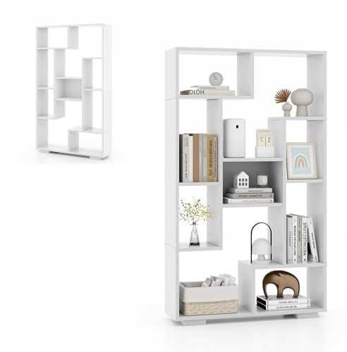 HOMASIS Bücherregal mit 9 Fächern, Würfelregal mit offenen Ablagen, Standregal Holz geometrisch, Aufbewahrungsregal mit Kippschutz, Raumteiler für Wohnzimmer Arbeitszimmer, 70x20x120cm (Weiß)