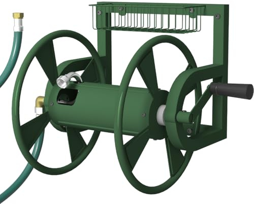 Artigarden Enrouleur de tuyau mural de jardin, enrouleur de tuyau d'arrosage d'extérieur robuste, peut contenir 3,7 m de tuyau de 1,6 cm, avec tuyau de 1,2 m, raccord en laiton et panier de rangement