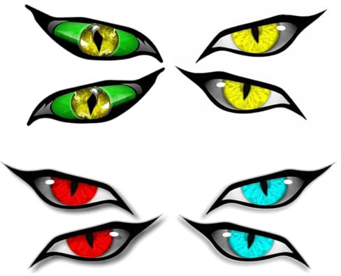 4 Paar 3D Rot Böse Augen für Auto Motorrad Helm Aufkleber, Böse Augen Aufkleber Reflektierende PVC Abziehbilder, Evil Eyes Vinyl Drohne Motorrad Helm Auto Aufkleber Sticker, Rot Blau Grün Gelb