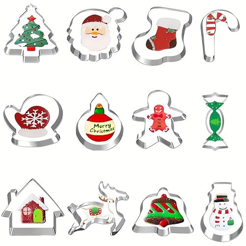 12 piezas Moldes Galletas Navidad, cortador galletas navidad, molde para hornear de acero inoxidable -Papá Noel, copos de nieve, muñeco de nieve, árbol de Navidad (Navideñas-2)