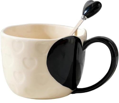 VollfitYYu Herz Kaffeetasse Porzellan Kaffeebecher mit Löffel Relief Herzen Muster Teetasse Keramiktasse für Valentinstag Muttertag Hochzeit Frauen Mädchen Mama Freundin (Schwarz)