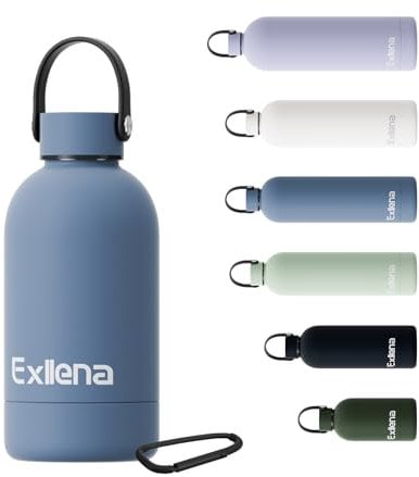 Exllena 350ml Small Water Bottle 350m for Handbag, Small Drinks Bottle with Handle Lid and Carabiner, Double Wall Vacuum Keeps Drinks Cold 24 Hrs/Hot 12 Hrs BPA Free (WhaleBlue)