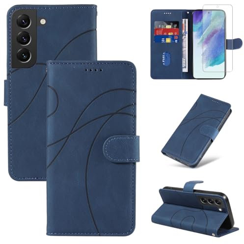 Reshias Cover Per Samsung Galaxy S21 FE 5G (Non per S21) con 1 Pezzo Vetro Temperato Pellicola Protettiva, Pelle PU e Flip Custodia, Funzione Supporto e Portafoglio Caso (Blu)