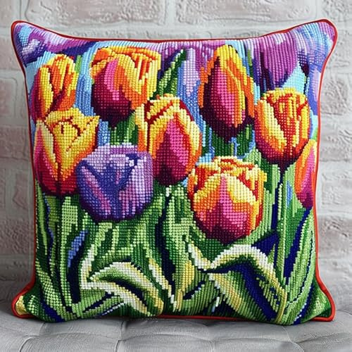 WallustrioaW Tulpe Kreuzstich Kissen Set,bunte Blumen,Stickset Kreuzstich Set Vorgedruckt,Kissen 45x45cm stickset anfänger,Heimdekoration