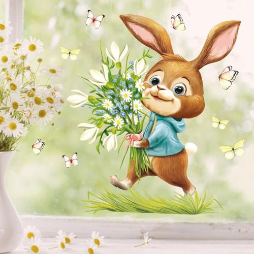 Wandtattoo Loft Fensterbilder Frühling Selbstklebend Ostern Hase & Blumenstrauß Motiv – A4 Bogen, Wiederverwendbar – Deko Frühling, Frühlingsbild Fenster, Fensterdeko Frühling, Fensterbild Ostern
