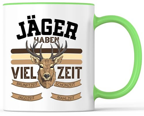 Tasse mit Spruch Jäger haben viel Zeit Becher Schonzeit Brunftzeit Jagd Jagen - lustiges Geschenk - Kaffeebecher als Geschenkidee - Kaffeetasse 330ml - Weiss-Grün