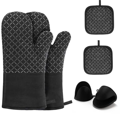 Yyyuluo Gants de Cuisine résistants à la Chaleur 300°C Lot de 6 Gants de Moufles et Gants de Four Anti-dérapants en Silicone pour Cuisson BBQ Grill Four (Noir)