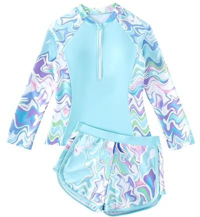 Girls Swimming Costume Padded Bras Long Sleeve Kids Swimsuit Two Pieces Swimming Suits Teen Girl Swimwear with Swim Short Summer Beach Pool,Lake Blue 11-12 Years