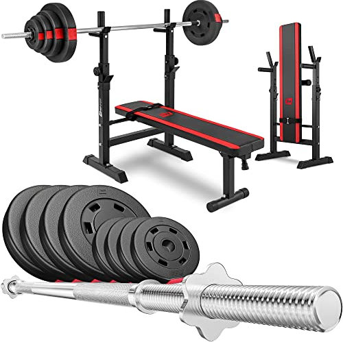 Hop-Sport HS-1080 klappbare Hantelbank mit Gewichten 37 kg, Langhantel Set für Krafttraining inkl. 8 Hantelscheiben, Langhantel 120 cm und 2 Sternverschlüsse