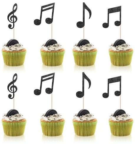 36PCS Music Cake Toppers, Black Glitter Musical Notes Cake Decorations Personalised Happy Birthday Music Notes Cakes Decorations for Musical Symbol Concert Theme Party Decor Supplies