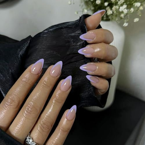 KQueenest 30 Pcs Light Purple French Tip False Nails Short Almond, Lilac French Tip False Nails Short Stiletto, Custom Thick Acrylic Fake Nails Set, Natural Nude Gel Stick on Nail for Women Daily Wear