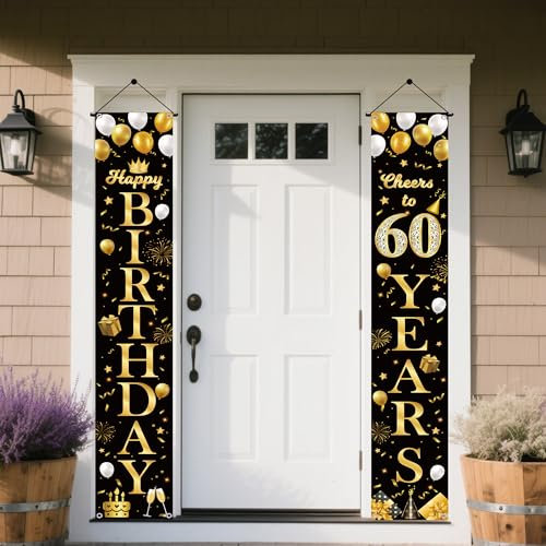 Banner 60 Geburtstag Deko Schwarz Gold- 2 Stück 60 Jahr Geburtstagsdeko Happy Birthday Türbanner, Stoff Geburtstagsbanner für 60. Frau Männer Geburtstagsfeier Dekoration