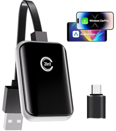 CarPlay Adaptateur sans fil 2025 avec mise à niveau OTA, Plug & Play, configuration unique pour connexion automatique, sans fil pour iPhone iOS 10+, USB et Type-C