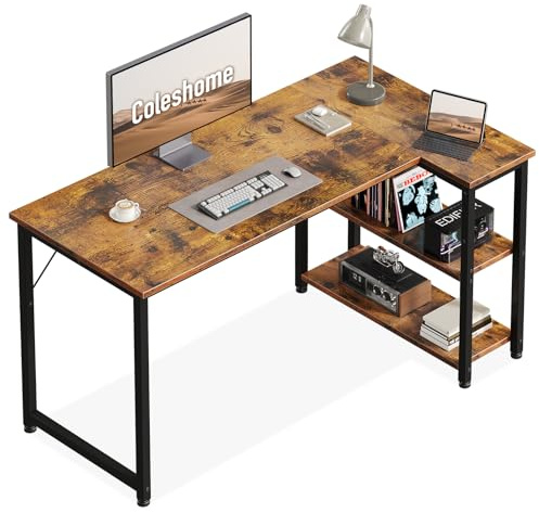 Coleshome L Shaped Computer Desk, 120x70 cm Corner Desk, Office Desk with Reversible Storage Shelves, Writing Study Table for Work Play Home Office, Vintage Brown