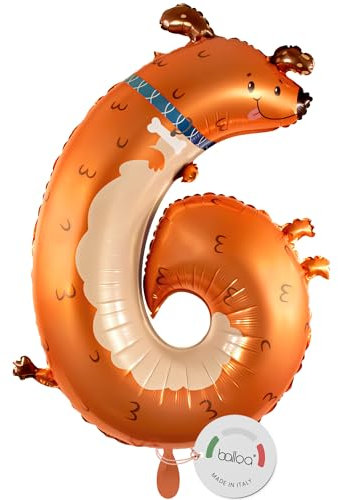 balloa Folienballon XXL Zahl 6 Hund, Helium Ballon Tiermotiv, Luftballon Zahl Sechs Geburtstag Junge Mädchen, Geschenk zum 6 Geburtstag Kindergeburtstag Deko Ballon Zahl 6, 90cm