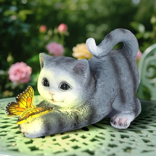 Pawfly Solar Garten Skulpturen Solar Garten Deko Katzen Deko mit Schmetterlingslicht Niedliche Resin Katzenfigur Outdoor Katzenstatue Solarleuchten für Terrasse Balkon Veranda Rasen und Hof