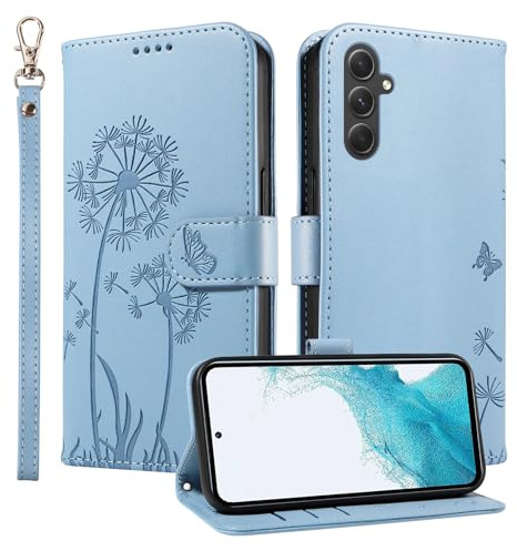 Trugox Handyhülle für Samsung Galaxy A54 5G Klapphüll Löwenzahn Hülle Klappbare mit Kartenfach Handytasche Schutzhülle Handy Tasche Leder Wallet Flip Case Cover - Azur