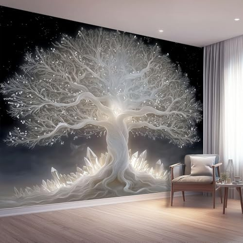 Papier Peint 3D Panoramique Mural, Fantaisie Papier Peint Intissé Poster 350 x 256 cm Décoration Fresque Murale Salon Chambre, Arbre blanc et ancien cristal