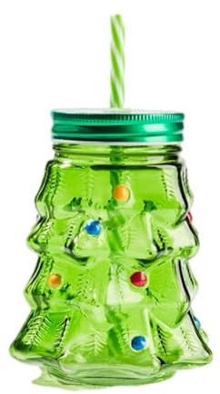 eBoutik - Festive Green Christmas Milk Bottle Glass Tumbler with Painted Baubles Decor and Straw - Xmas Holiday Drinkware for Seasonal Gatherings or Stocking Filler Xmas Eve Box
