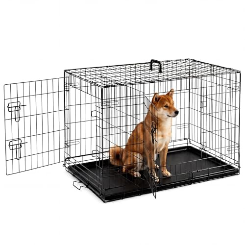 Aidoly Dog Crate - Medium 36 Inch Double Door Portable Dog Cage, Metal Wire Pet Kennel with Safe Lock, Leakproof Griddle, Foldable Design for Dogs Pets Indoor Training and