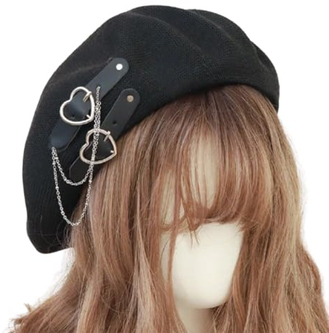 JZTDYPP Baskenmütze Damen Baskenmütze Harajuku Lolita Hut Jk Hut Mädchen Baskenmütze Niedliche Pu-Kette Herz Liebe Kawaii Damen Malerhut Accessoires