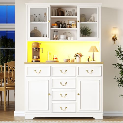 Yihomfy Grand Meuble de Cuisine 118 x 39,5 x 180 cm avec Prise USB et Électricité – Buffet avec Bande LED, Armoire de Rangement avec Porte à Snacks, Meuble Haut avec Poubelle Intégrable, Blanc