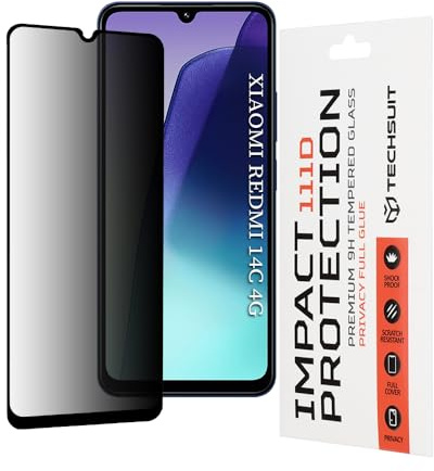 Techsuit Sichtschutzfolie für Xiaomi Redmi 14C, Poco C75, Xiaomi Redmi A5 4G Gehärtetes Glas mit 9H Härte, Vollständige Abdeckung, Blickschutz Beschichtung, Anti Fingerabdruck, 111D Privacy Full Glue