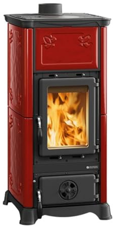 La Nordica Stufa a legna Emiliana 165 Majolica da 6,5 kW, in ghisa, camera di combustione, risciacquo per vetri, fino a 186 m³ (rosso bordeaux)