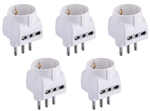 Electraline 92296 Set 5 Adattatori 3 Posti 1 Schuko + 2 Bivalenti 10/16A, Bianco, Confezione da 5