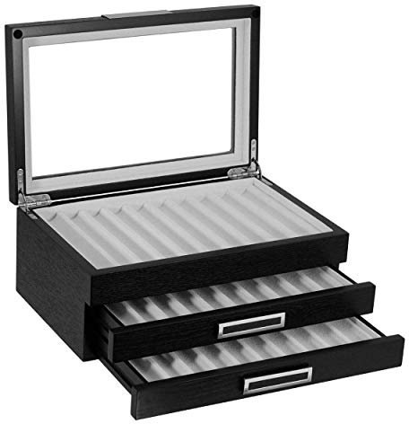 TIMELYBUYS 30 Piece Black Ebony Wood Pen Display Case Storage and Fountain Pen Collector Large Organizer Box with Glass Window Three Level Display Case with Drawers Father's Day Gift