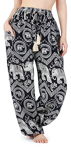 Lannaclothesdesign Harem Pants Women – Boho Elephant Pants High-Waisted Hippie Clothes with Pockets for Yoga Black