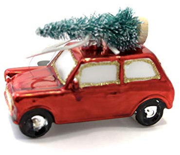UK Christmas World Christbaumkugel - Rotes Auto mit Weihnachtsbaum auf Dach, Handgefertigt, 10 cm