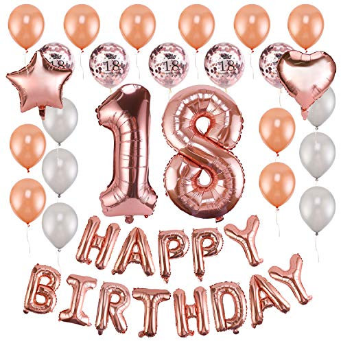 HOWAF 18 Geburtstag Deko, Rose Gold Geburtstagsdeko 18. Geburtstag Mädchen Deko Happy Birthday Folienballon 18 Konfetti Luftballons Geburtstag Party Dekoration Set deko 18. Geburtstag Mädchen