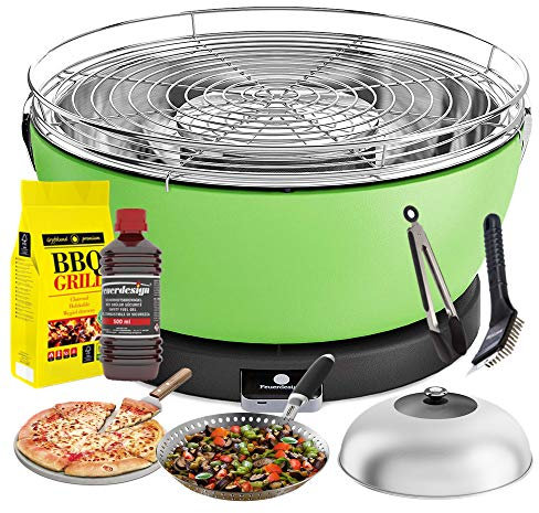 YesEatIs by FEUERDESIGN - VESUVIO Grill GREEN - Kit with IGNITION GEL + CHARCOAL 3 Kg + Barbecue Tongs + Pizza Stone + Stainless Steel Glass Hood+ Vegetable Pan + Cleaning brush