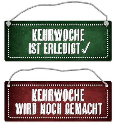 Kehrwoche wird noch gemacht oder ist erledigt Wendeschild mit Kordel in Rot-grün