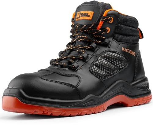 Black Hammer Composite Safety Boots for Men Non-Metallic Lightweight Durable Work Shoes Non-Slip Anti-Static Smooth Leather 8844 (11 UK)