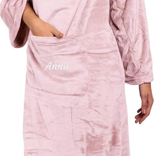 Coperta personalizzata con nome (rosa) – Coperta con maniche | con ricamo a scelta | Super come coperta per TV con maniche | Super regalo per donne | Coperta in pile