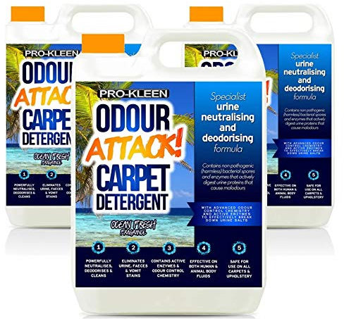 Pro-Kleen Odour Attack Pet Carpet Cleaner Shampoo - Active Enzymes to Digest Urine Proteins - Eliminates Urine, Faeces & Vomit Stains - For All Carpet Types and Machines (15 Litre Ocean)