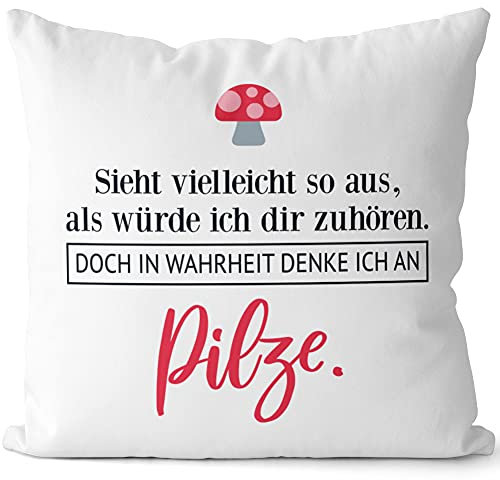 JUNIWORDS Kissen, Sieht vielleicht so aus, als würde ich dir zuhören. Doch in Wahrheit denke ich an Pilze (1001561), 40 x 40 cm, 2-farbig, Weiß-Rosa