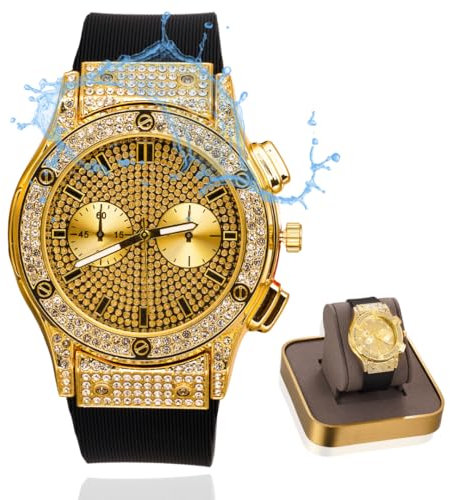 Halukakah Premium Diamant Golduhr für Männer, Luxus 18k Echtgold Vergoldet, Wasserdicht, Gefälschtes Doppelkalender-Zifferblatt Iced Out, Verstellbares Schwarzes Armband, Geschenkbox Inklusive