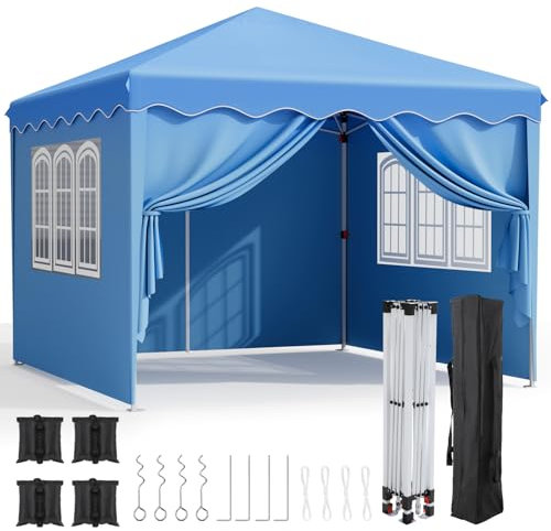 Pavillon 3x3, Faltpavillon Stabil Winterfest mit Oxford, UV Schutz 50+, Faltpavillon mit Seitenteilen 4 PCS Sandsack, Gartenpavillon Höhenverstellbar, Faltbare Pavillon Zelt für Camping Blau