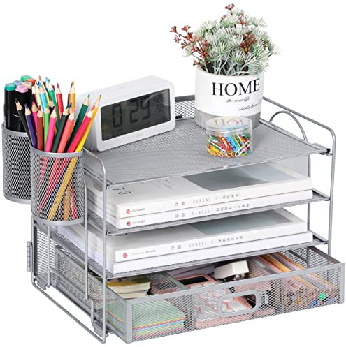 Vikmyer 4-Trays Desktop File Organizer, Mesh Office Desk Supplies Organizer Document Letter Tray Holder with Drawer for Office Home(2 Pen Holder)