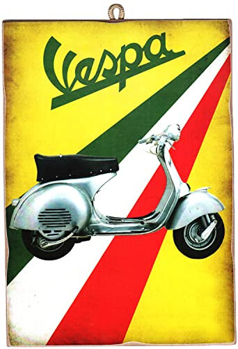 KUSTOM ART Quadro Quadretto Stile Vintage Serie Moto Scooter Colori Bandiera Italiana Stampa Su Legno 25x18 cm.