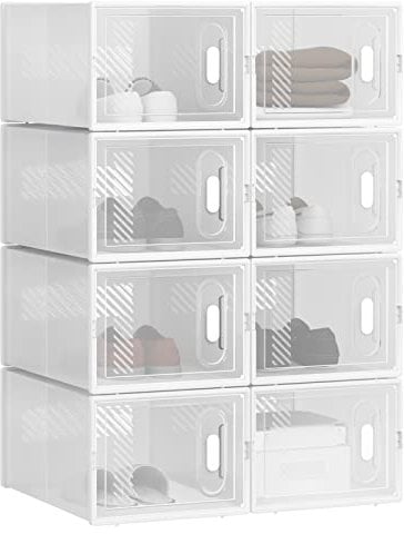 WOLTU Schuhregal mit 8 stapelbaren Schuhboxen Schuhschrank Regalsystem mit Magnetverschluss Steckregal aus Kunststoff DIY 25x19x35 cm transparent weiß