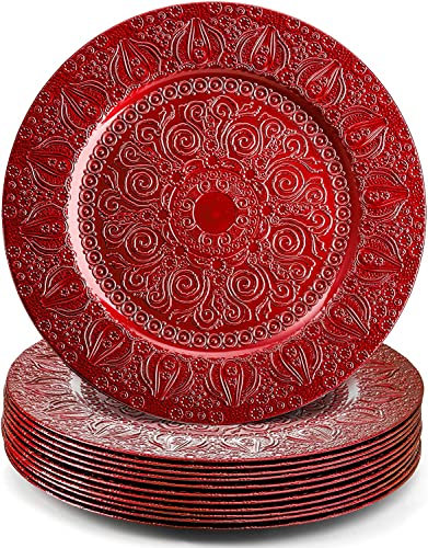 Hacaroa Set of 12 Plastic Round Reusable Charger Plates, 13 Inch Red Chargers for Dinner Plates, Decorative Antique Wedding Chargers for Table Setting, Party, Catering Event, Embossed Patterns