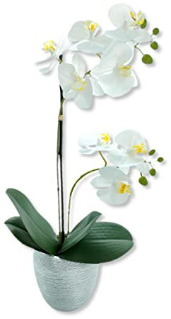 DARO DEKO Kunst-Pflanze Orchidee weiße Blüten 47cm Keramik Topf Silber künstliche Phalaenopsis Kunstblume